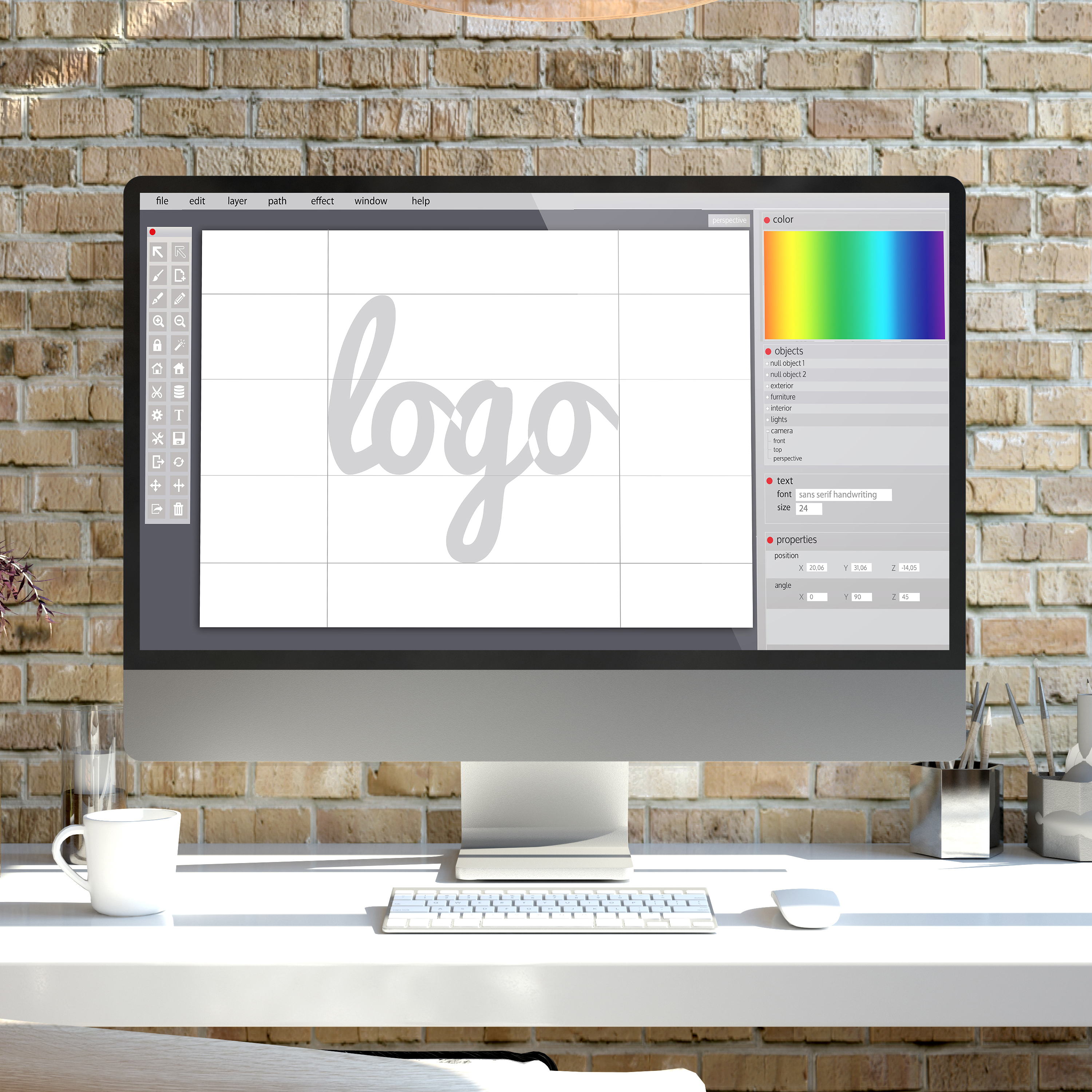 desktop computer met logo design op scherm geschreven